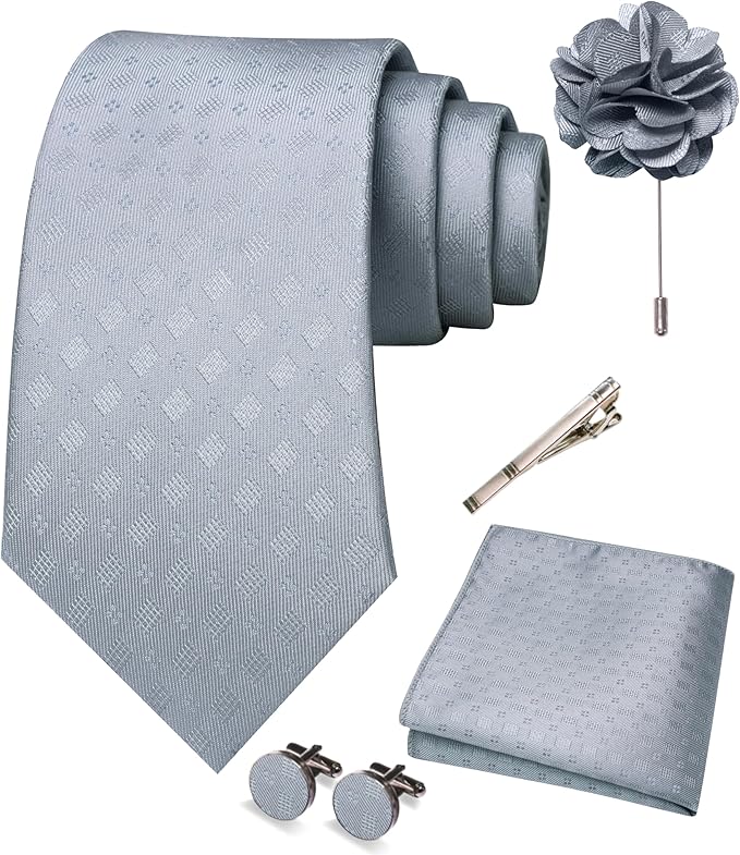 JEMYGINS Mens Tie and Pocket Square,Lapel Pin,Cufflinks,Tie Clip Sets with Gift Box 5PCS
