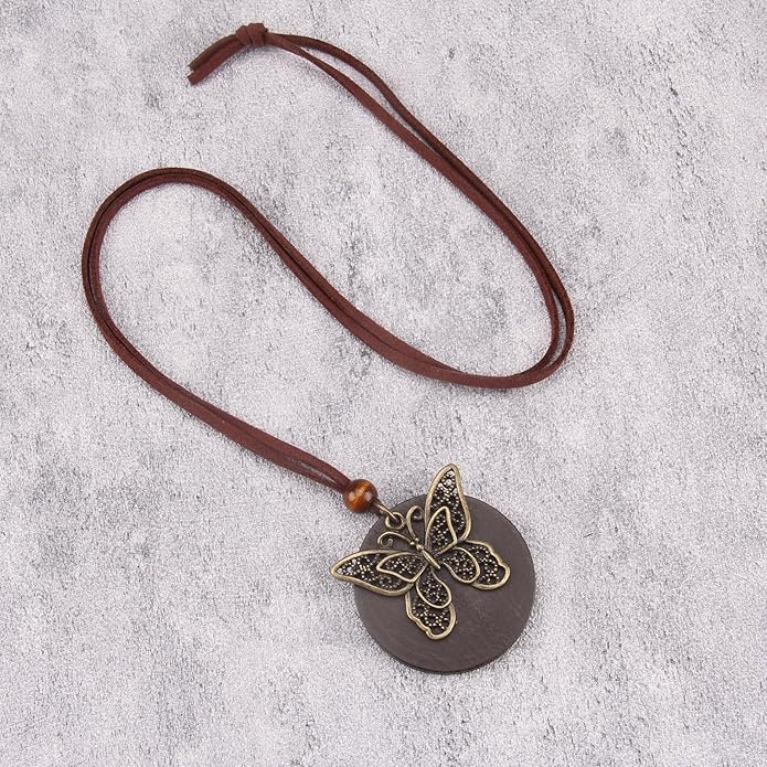 Long Boho Necklaces for Women Vintage Leather Wooden Pendant Y Choker Ethnic Style Gold Circle Hippie Sweater Necklace
