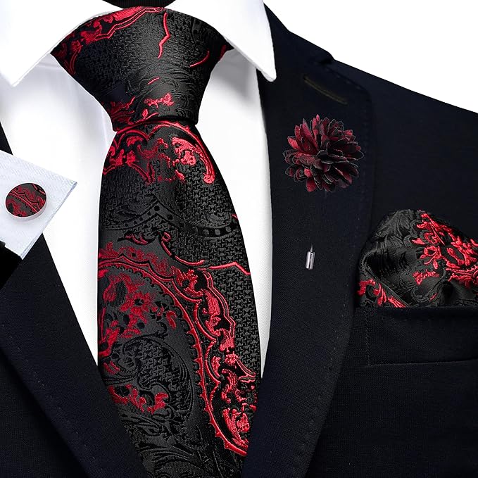 GUSLESON 8cm Paisley Tie Set for Men Necktie Lapel Pin Pocket Square Cufflinks Set for Men