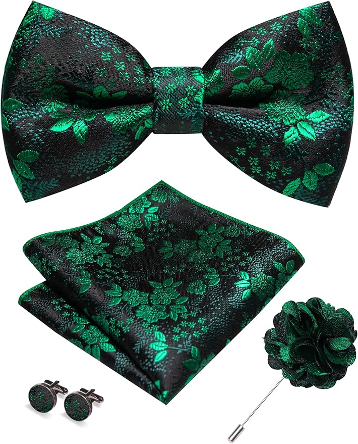 JEMYGINS Floral Pre-tied Bow Tie and Pocket Square Cufflinks Lapel Pin Sets for Men 4PCS