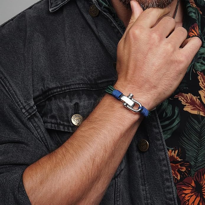 Elegatto Duetto Platinum Rope Bracelet for Men | Double Nautical Nylon Cord with Silver Polished Stainless Steel Shackle Clasp | Waterproof and Fade-Resistant