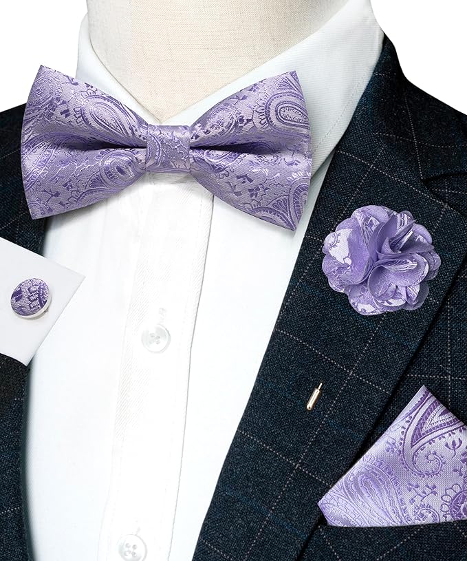 JEMYGINS Mens Paisley Bow Tie and Lapel Pin Necktie Pocket Square and Tie Clip with Sets for Business Casual 4PCS