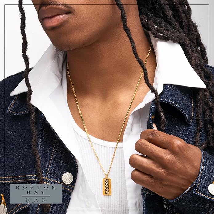 Boston Bay Men’s Black Dog Tag Necklace, 316L Stainless Steel Pendant with 24 Inch Fine Cuban Curb Link Chain
