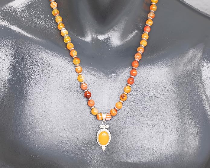 Natural Carnelian Agate Silver Pendant, Genuine Black Onyx Beaded Necklace, Gemstone Strong Necklace, 18x13 Cabachon, Fashion Dainty Jewelry, Healing Crystal Chakra Necklace, Minimalist Necklace