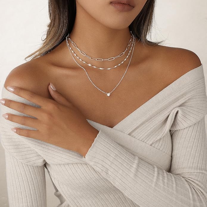 Layered Gold Necklace for Women Trendy 14K Gold Plated Heart CZ Pendant Layered Gold Necklaces Set Coin Choker Necklaces Simple Circle Cubic Zirconia Pearl Necklace Stack Herringbone Paperclip Chain Jewelry Set
