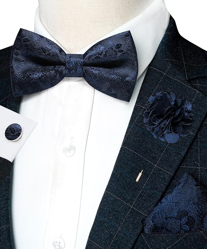 JEMYGINS Floral Pre-tied Bow Tie and Pocket Square Cufflinks Lapel Pin Sets for Men 4PCS