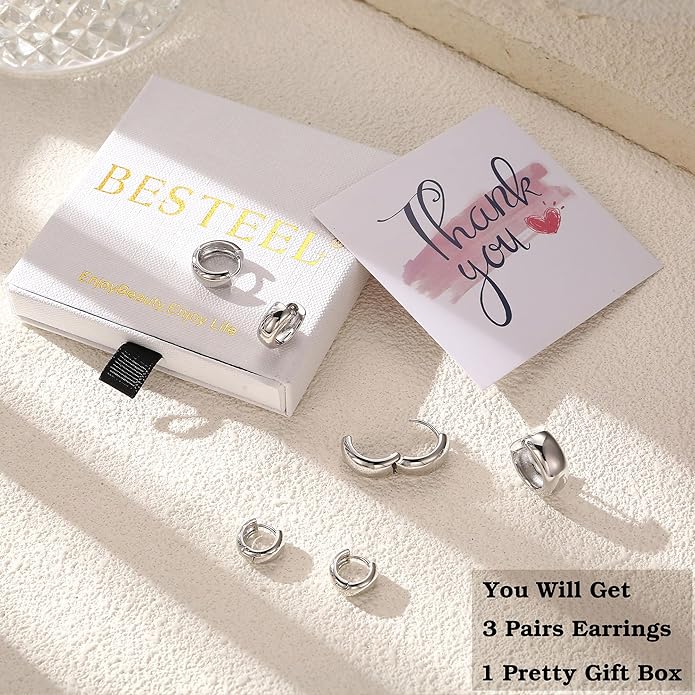 Small Chunky 14K Gold Plated Hoop Earrings for Women - Hypoallergenic Earrings for Sensitive Ears Earrings Set Thick Huggie Hoops Earring Stacks Silver Plated Jewelry