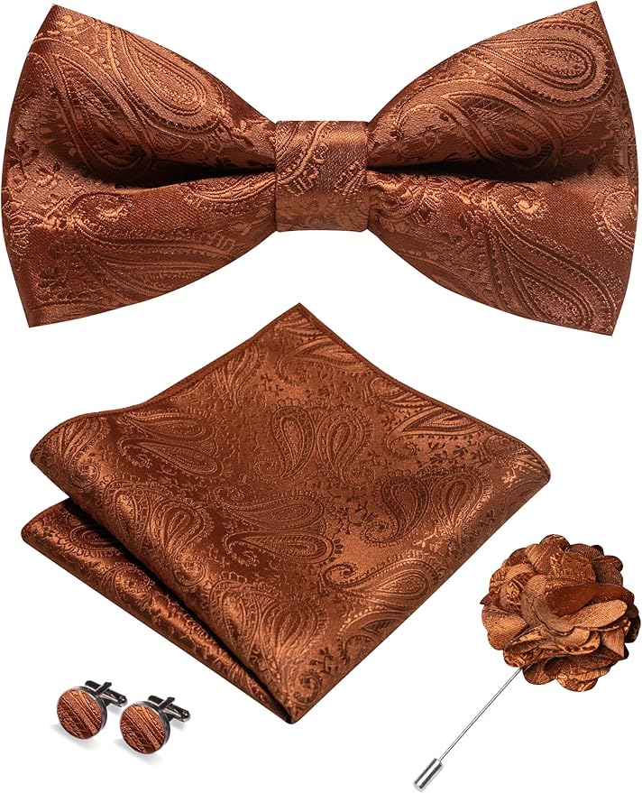 JEMYGINS Mens Paisley Bow Tie and Lapel Pin Necktie Pocket Square and Tie Clip with Sets for Business Casual 4PCS