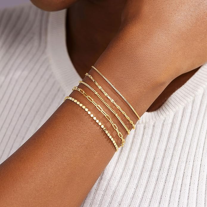 Gold Bracelets for Women Trendy,14K Gold Plated Dainty Stackable Paperclip Cuban Link Chain Bracelets, Simple Cute Cuff Bracelets Jewelry Set Adjustable 7"+2"