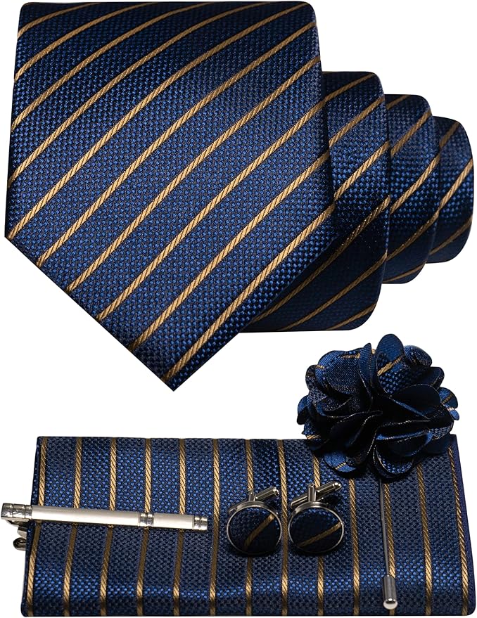JEMYGINS Mens Tie and Pocket Square,Lapel Pin,Cufflinks,Tie Clip Sets with Gift Box 5PCS