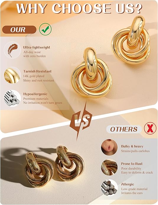 14K Gold Plated Knot Statement Earrings for Women Hypoallergenic Chunky Drop Dangle Earrings - Lightweight Fashion Accessories Gold Jewelry Gifts for Womens Trendy