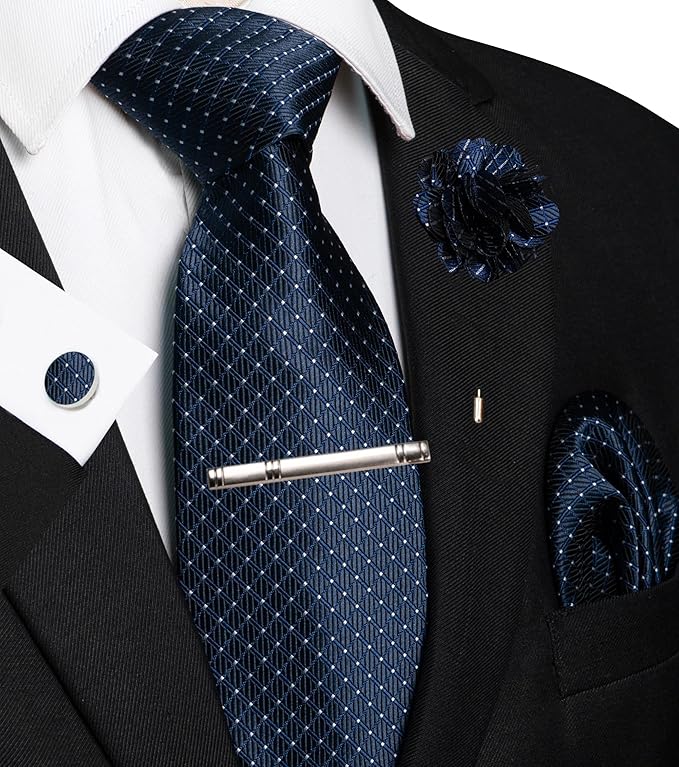 JEMYGINS Mens Tie and Pocket Square,Lapel Pin,Cufflinks,Tie Clip Sets with Gift Box 5PCS