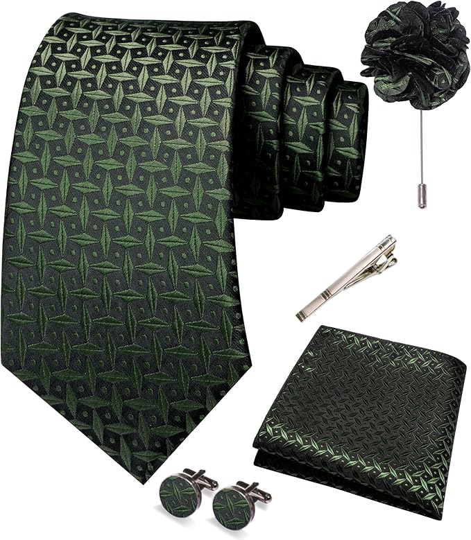 JEMYGINS Mens Tie and Pocket Square,Lapel Pin,Cufflinks,Tie Clip Sets with Gift Box 5PCS