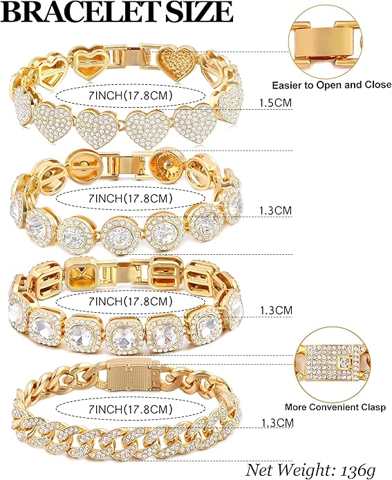 shopbyskyler 4PCS Gold Bracelets for Women Silver Clustered Tennis Bracelet for Women Heart Round Diamond Cuban Bracelet Layered Link Bracelet Set Fashion Jewelry for Women Set
