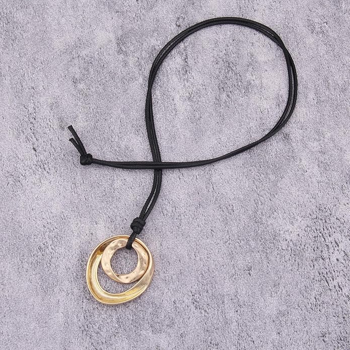 Long Boho Necklaces for Women Vintage Leather Wooden Pendant Y Choker Ethnic Style Gold Circle Hippie Sweater Necklace