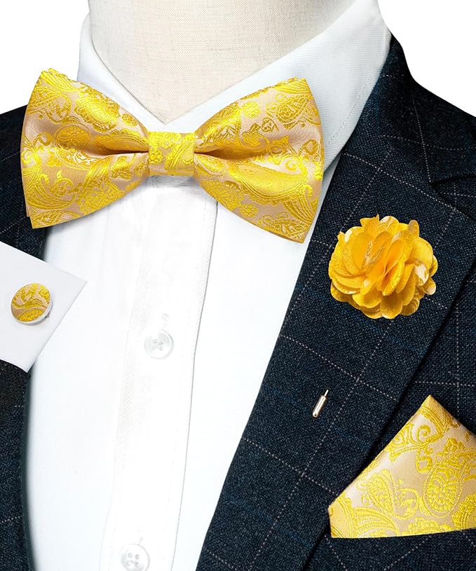 JEMYGINS Paisley Pre-tied Bow Tie and Pocket Square Cufflinks Lapel Pin Sets for Men 4PCS