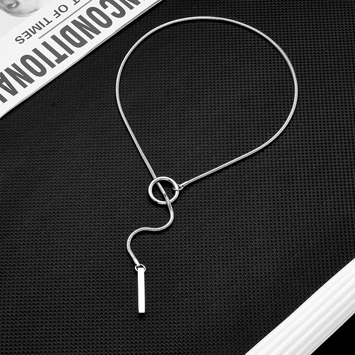 Slip Chain Necklaces for Women Stainless Steel Bar Pendant Choker Necklace Boho Handmade Long Lariat Necklace Silver Statement Punk Rock Collar Jewelry