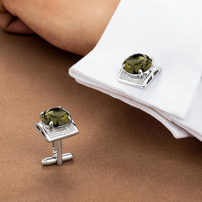 HAWSON Large Silver Birthstone Cuff Links Mens, Colorful Gem Cufflinks for Shirt Suit Accessories, Birthday Anniversary Wedding Gifts for Groommens Husband Father