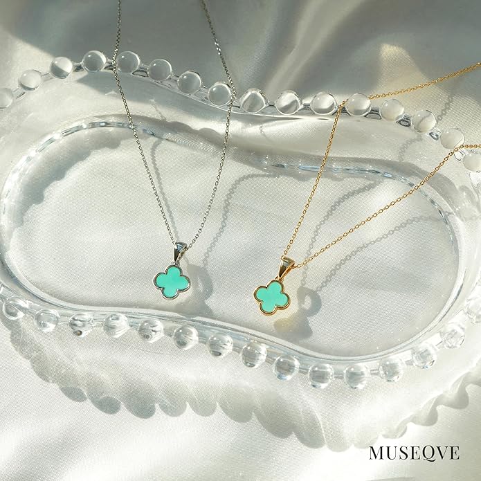 MUSEQVE Four Leaf Clover Necklace for Women Dainty Mother of Pearl White Black Onyx Pink Blue Mint Green Crystal Lucky Clover Pendant 14K Gold Plated Jewelry Gifts [CVRN]