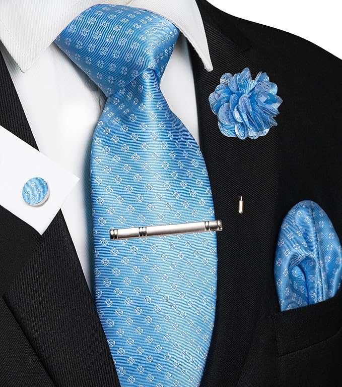 JEMYGINS Mens Tie and Pocket Square,Lapel Pin,Cufflinks,Tie Clip Sets with Gift Box 5PCS