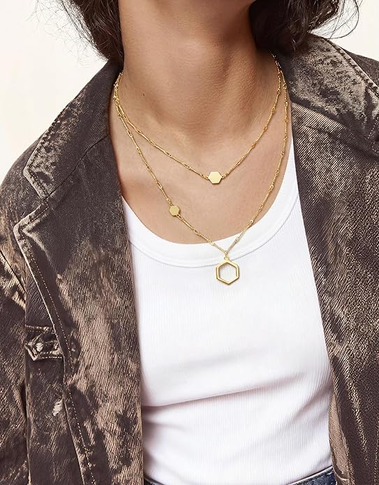 UBGICIG Honeycomb Layered Pendant Necklaces for Women Stackable, Dainty Y-Shaped Lariat Paperclip Pearl Heart Necklace, 16K Gold Silver Plated Long Necklaces Women's Trendy Drop Chain Necklace Jewelry