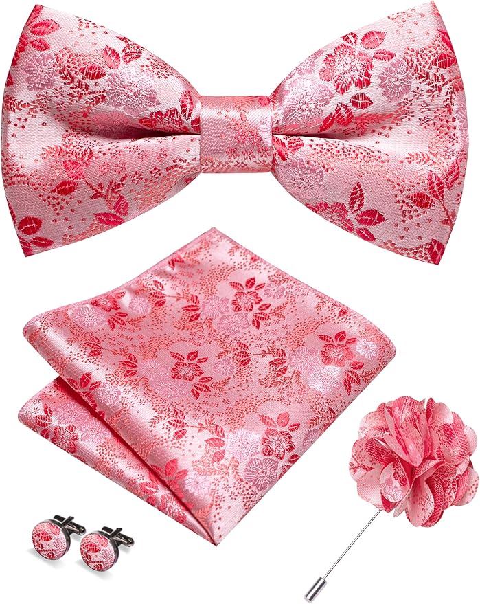 JEMYGINS Floral Pre-tied Bow Tie and Pocket Square Cufflinks Lapel Pin Sets for Men 4PCS