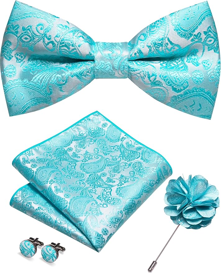 JEMYGINS Paisley Pre-tied Bow Tie and Pocket Square Cufflinks Lapel Pin Sets for Men 4PCS