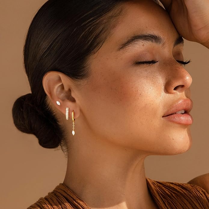 3 Pairs Earrings Set for Multiple Piercings, Gold Plated Studs Hoop Earrings Stack, CZ Dangle Earrings Set, Hypoallergenic for Sensitive Ears, Women's Gift