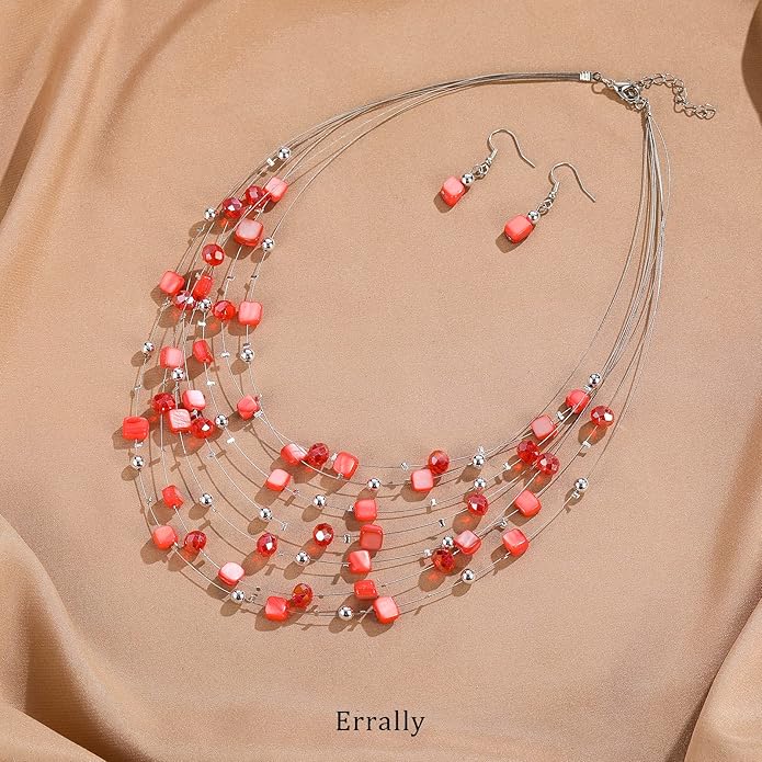 Multi-Layer Boho Shell Beaded Necklace for Women Colorful Crystal Strand with Silver Beads Statement Collars Necklace and Earrings Costumes Jewelry Sets for Women