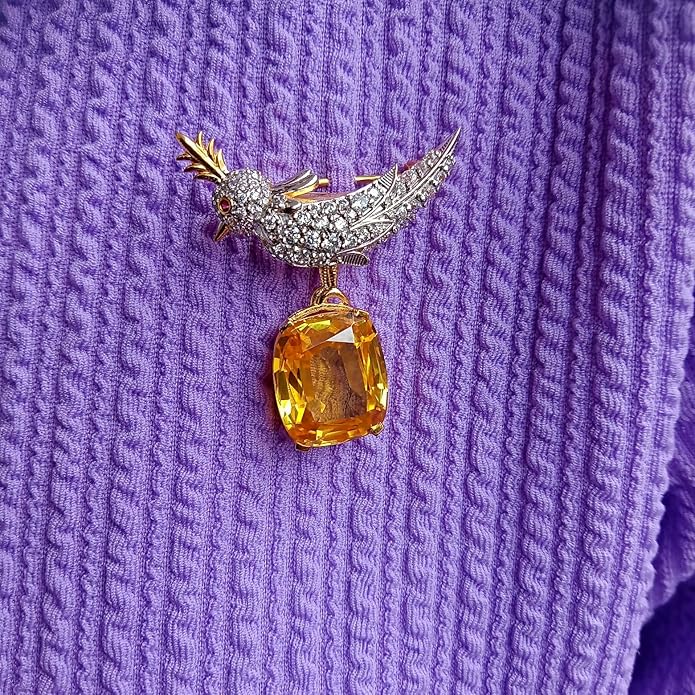 3.00 Ct Cushion Simulated Yellow Citrine & Diamond Women Bird Brooch 14K Yellow Gold Finish