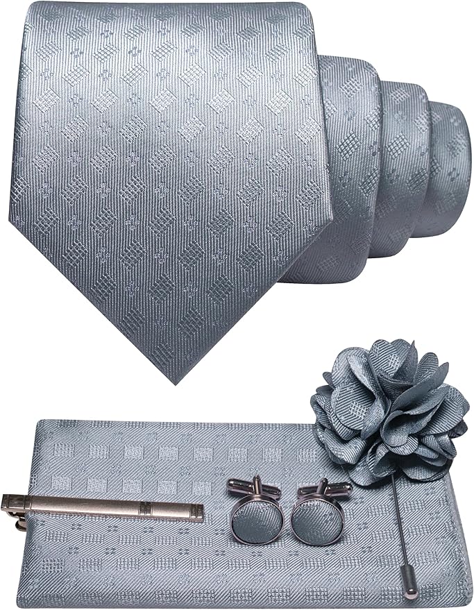 JEMYGINS Mens Tie and Pocket Square,Lapel Pin,Cufflinks,Tie Clip Sets with Gift Box 5PCS