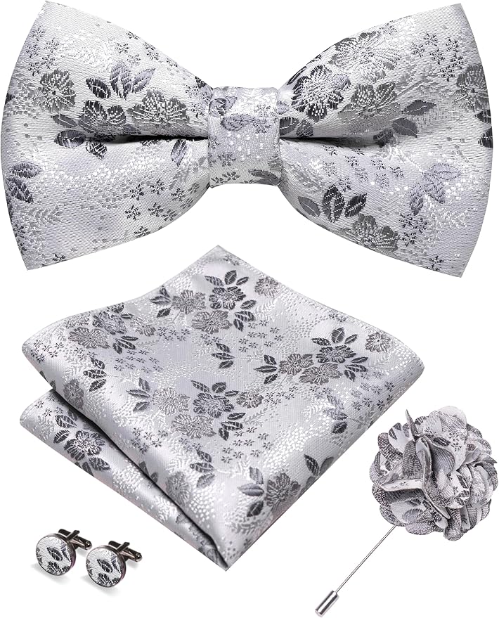 JEMYGINS Floral Pre-tied Bow Tie and Pocket Square Cufflinks Lapel Pin Sets for Men 4PCS