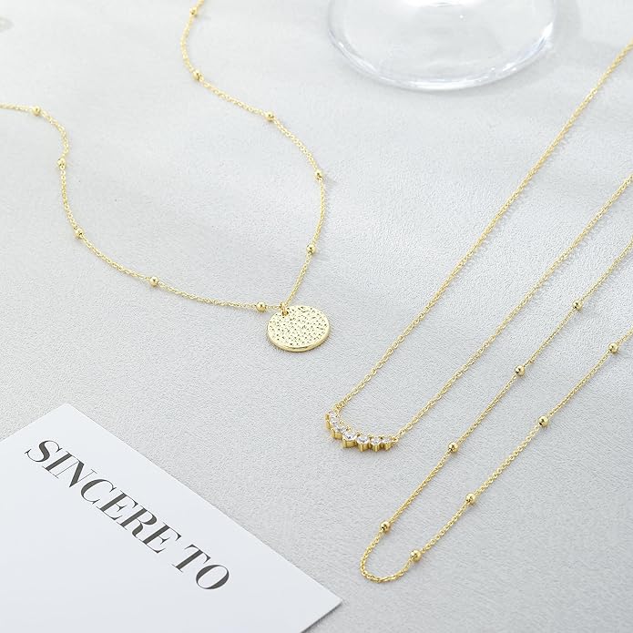 Layered Gold Silver Necklaces for Women, Stackable Stack 14K Real Gold Plated Silver Chain Necklace Diamond Circle CZ Layering Pendant Necklaces Trendy Gold Jewelry Set Gifts