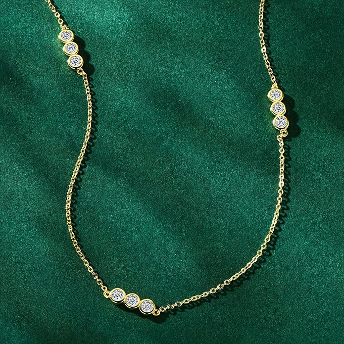 3-Stones Choker Necklace for Women, 0.9cttw D Color Moissanite Pendant 925 Sterling Silver Adjustable Chain, Elegant Jewelry Gifts for Wife or Mom