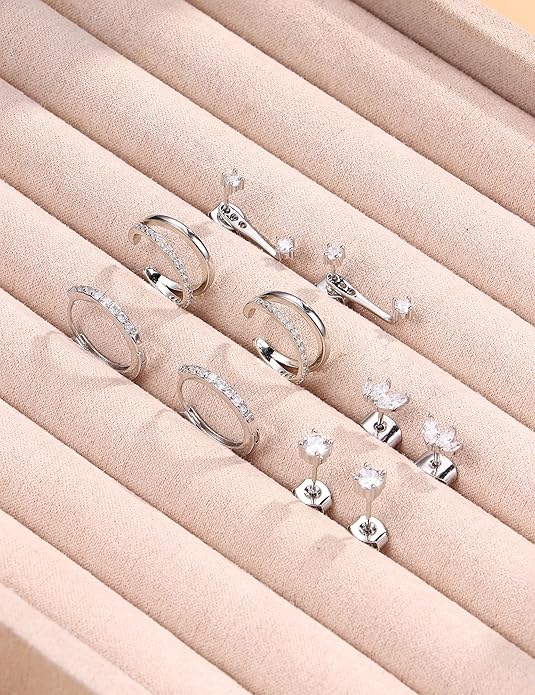 Florideco 925 Sterling Silver Earrings for Women Trendy Hypoallergenic Small Gold Hoop Earrings 14K Gold Plated Stud Earring Sets for Multiple Piercing CZ Ear Cuff Cartilage Earring Stacks
