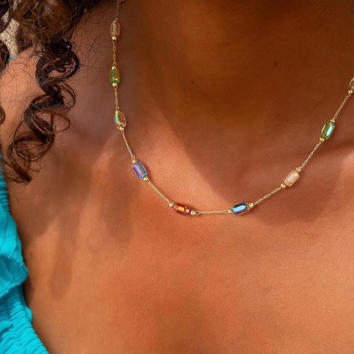 MTMY Beaded Necklaces for Women 14K Gold Plated Dainty Colorful Green/Rose Beaded Pearl Choker Necklace Delicate Boho Choker Necklace Jewelry Gift