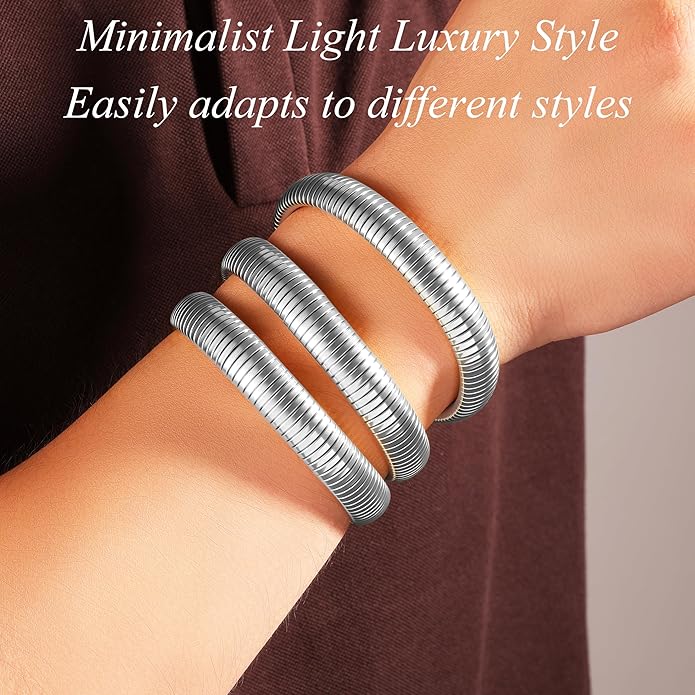 UILZ 3-Pack Gold Bangles Bracelet for Women - 24K Real Gold Plated Stainless Steel Chunky Stretch Bangles Stackable Wide Bracelet Jewelry for Everyday & Special Occasions Pulseras Para Mujer