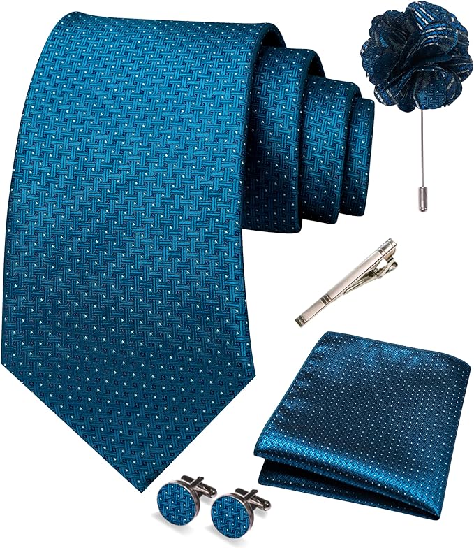 JEMYGINS Mens Tie and Pocket Square,Lapel Pin,Cufflinks,Tie Clip Sets with Gift Box 5PCS