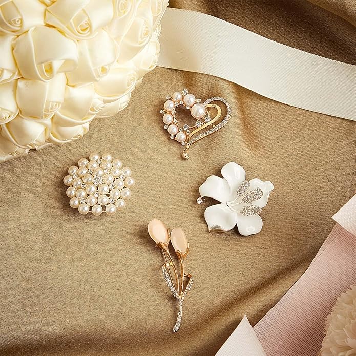 Ecally 4 Pcs Brooches and Pins for Women Crystal Pearl Brooch for Wedding Christmas Teacher Appreciation Gift