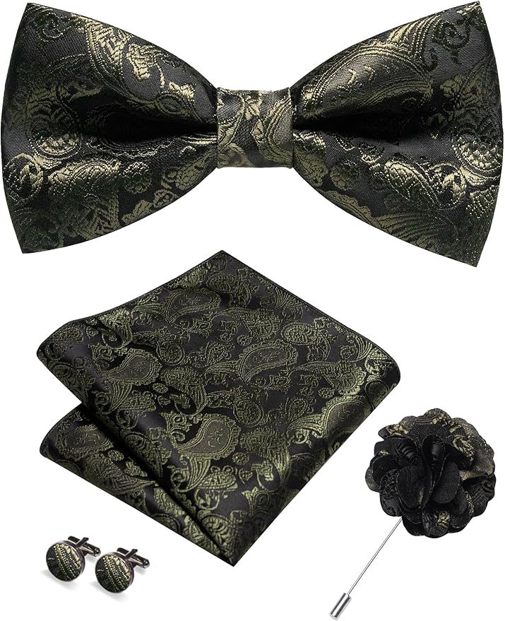 JEMYGINS Paisley Pre-tied Bow Tie and Pocket Square Cufflinks Lapel Pin Sets for Men 4PCS