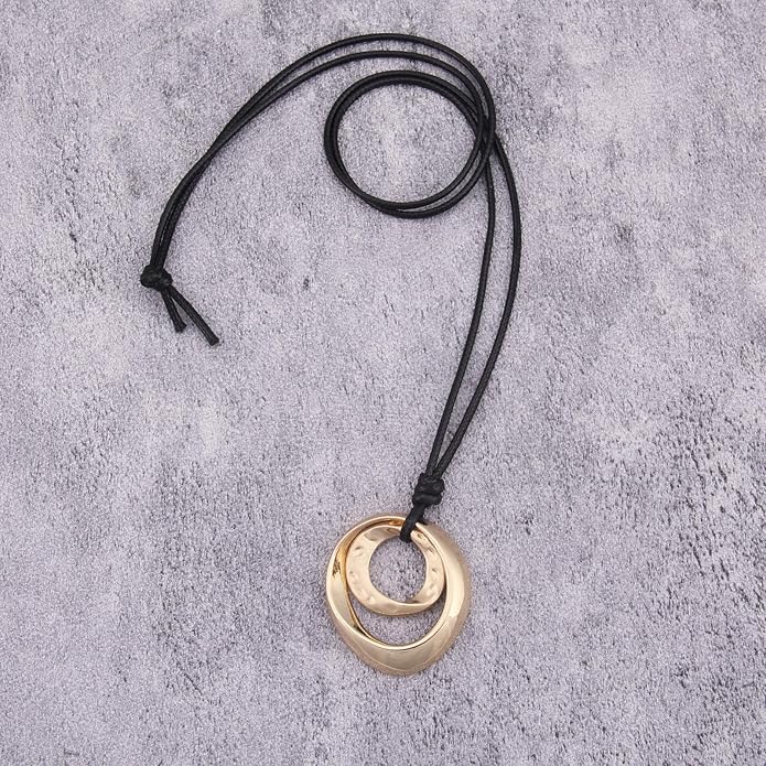 Long Boho Necklaces for Women Vintage Leather Wooden Pendant Y Choker Ethnic Style Gold Circle Hippie Sweater Necklace