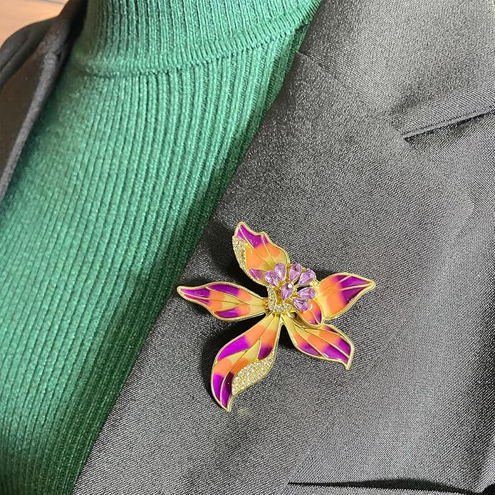 Multi-Color Enamel Flower Brooch For Women Gold Tone with Blue Zircon Crystal Accents, Vibrant Brooches Pin for Dresses Blazers