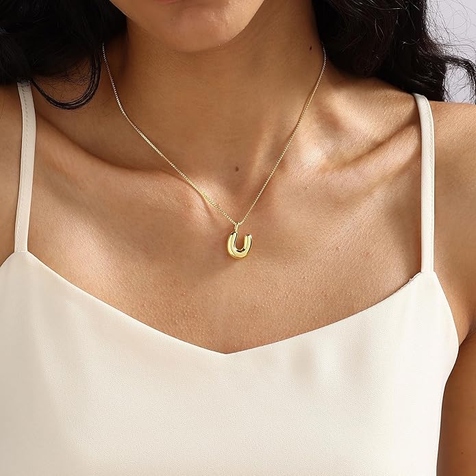 Bubble Gold Silver Letter Necklace Initial Necklaces for Women Trendy 14K Dainty Charm Pendant Name Necklace Personalized Jewelry Gift for Women Teen
