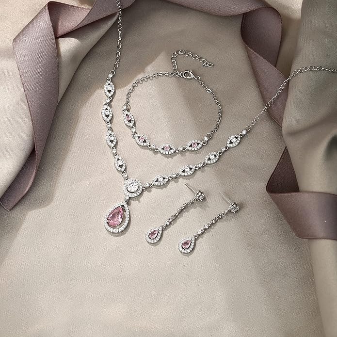 EVER FAITH Bridal Jewelry Set for Women, Stunning Teardrop Cubic Zirconia Birthstone Necklace Bracelet Earrings Sets Gift for Mothers Day/Valentines/Birthday/Christmas