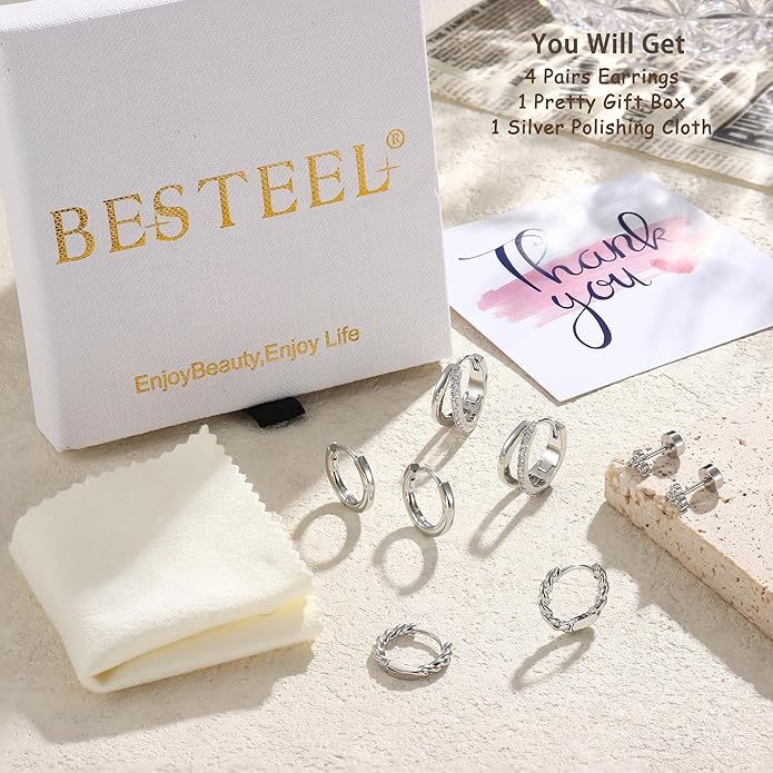 BESTEEL Small Hoop Earrings for Women - Hypoallergenic 14K Gold Plated Surgical Steel Chunky Huggie Earings Stacks Set Dainty Cute Cartilage Flat Back Stud Jewelry Trendy Gift 4 Pairs