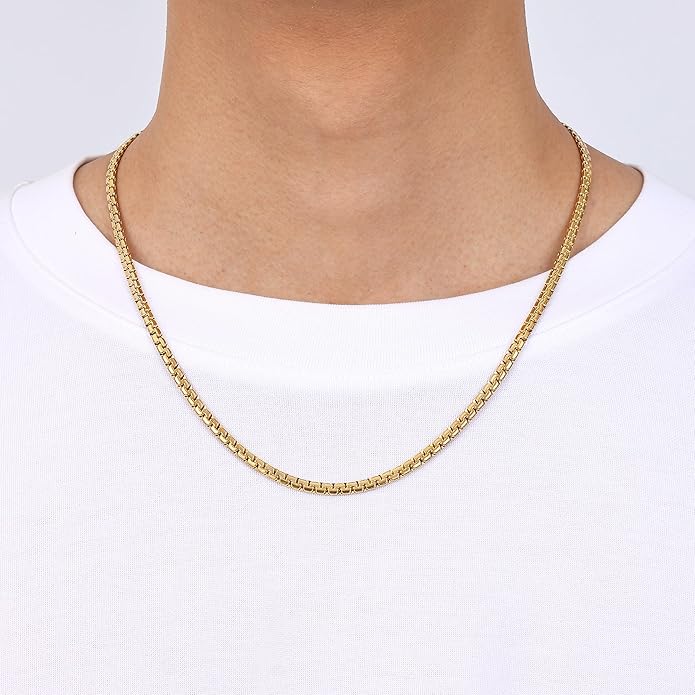 Fiusem Flat Box Chains for Men, 14k Gold Plated Stainless Steel Chain Necklace, 2.5/3/4/4.5/5mm Necklaces for Men and Women 16-28 Inch