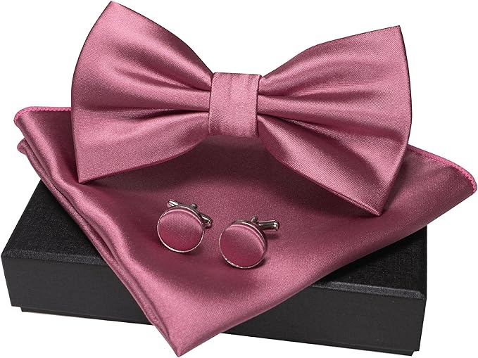 JEMYGINS Solid Color mens Pre-tied Bow Tie and Pocket Square Cufflinks Sets with Gift Box