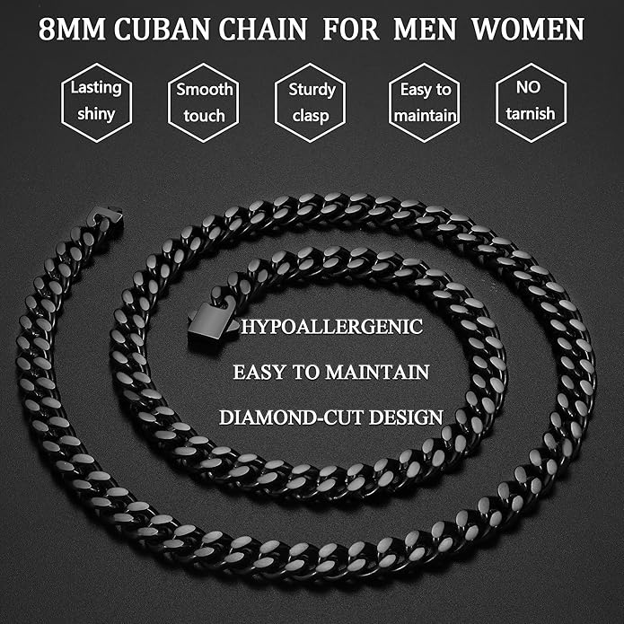 Fiusem Valentines Day Gifts for Him Silver Tone/Black/14K Gold Plated Chain Necklace for Men, 5mm/6mm/7.5mm/8mm/9mm Stainless Steel Cuban Link Chain Necklace, Men's Chains 18-28 Inch Jewelry Gifts