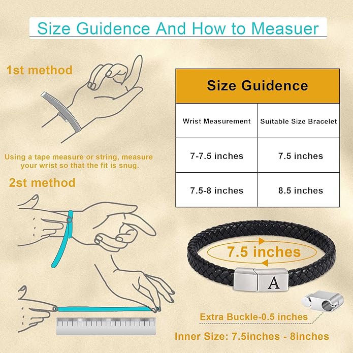 Leather Bracelets for Mens Gifts - Premium Genuine Leather Adjustable Stainless Steel Magnetic Clasp Mens Initial Bracelet, Unique Gifts for Men Husband Dad Son