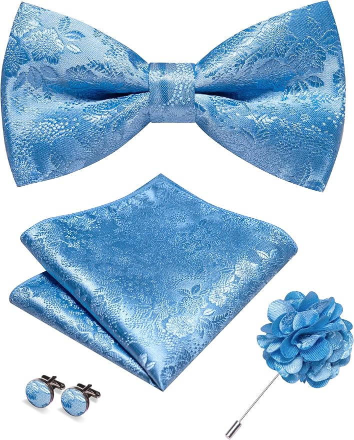 JEMYGINS Floral Pre-tied Bow Tie and Pocket Square Cufflinks Lapel Pin Sets for Men 4PCS